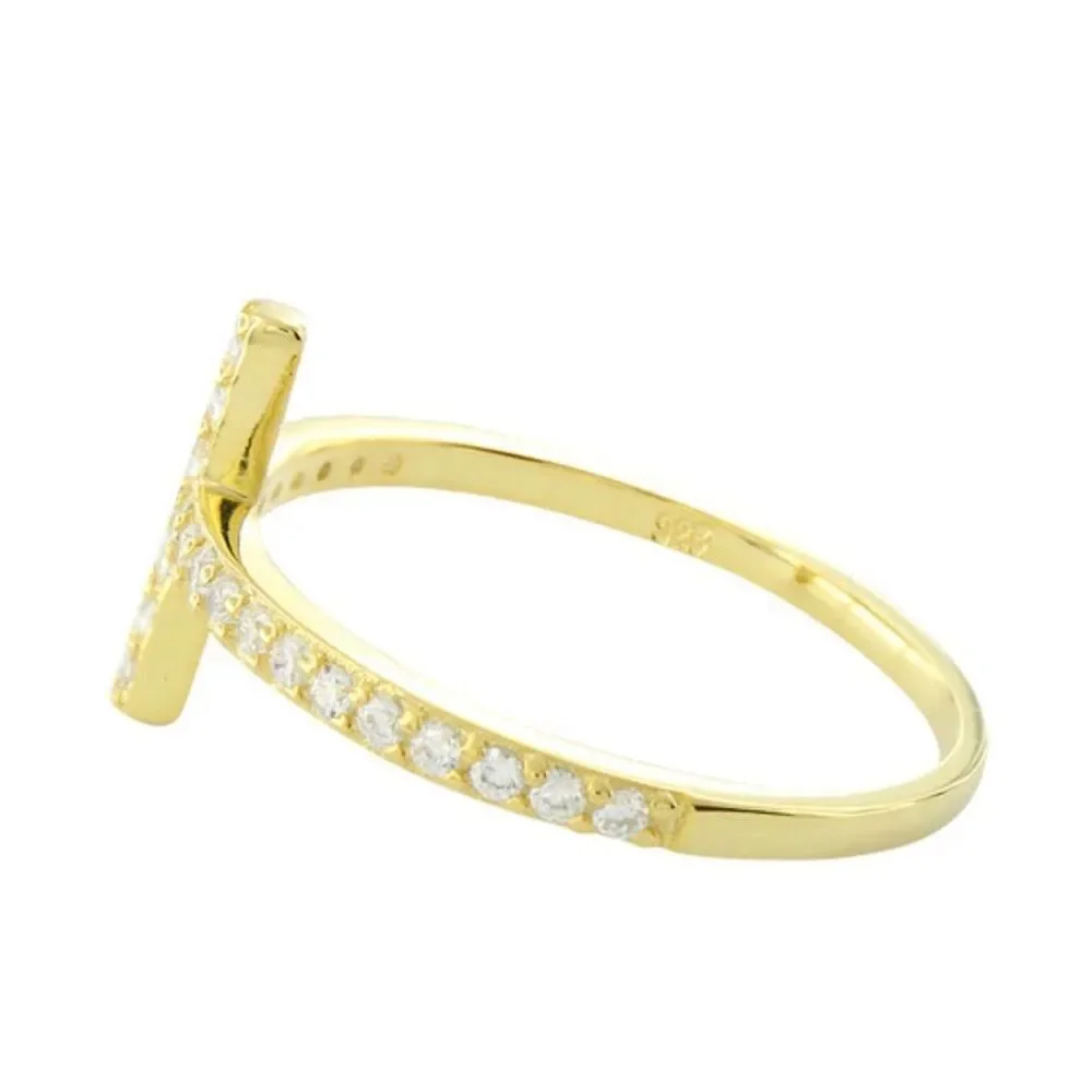 14k Yellow Gold Vermeil Sideways Cross Ring Sparkling CZ Pave Band New